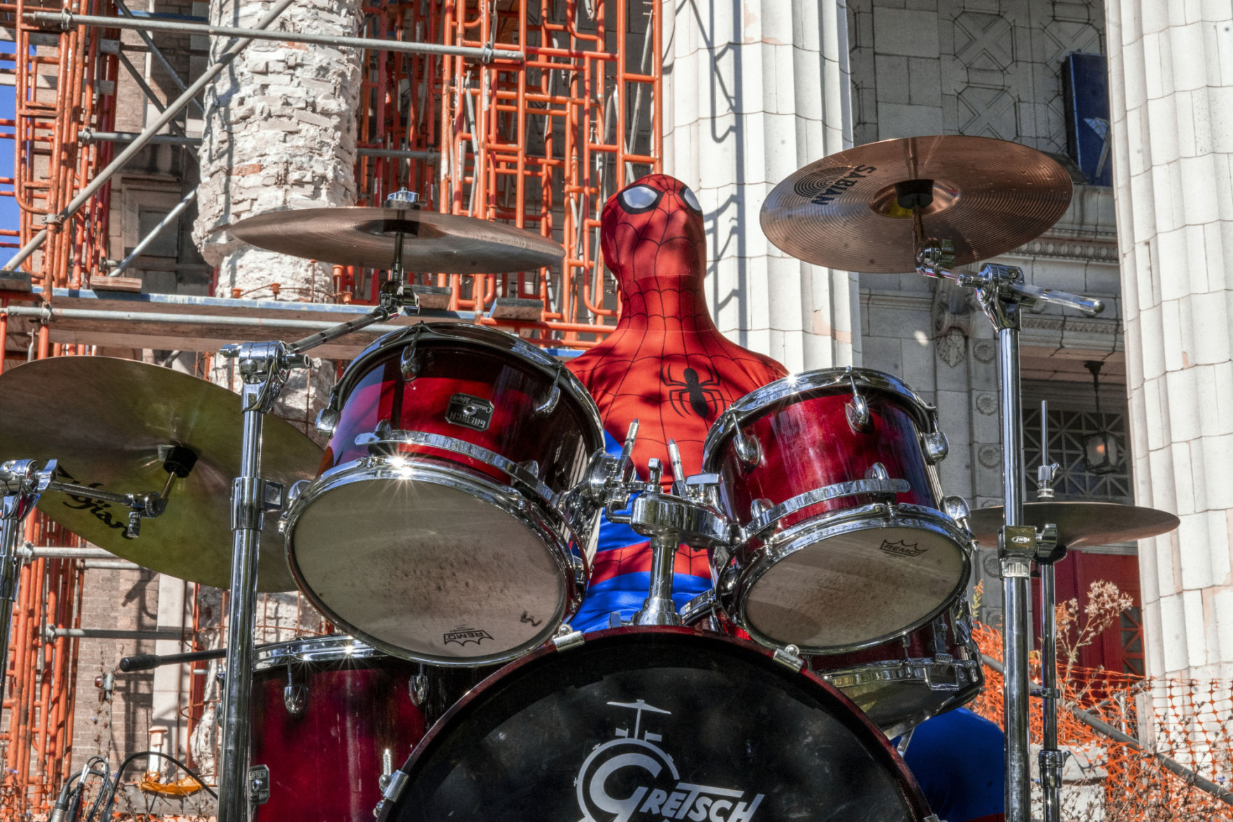 Spiderman drums up music at Farmers Market